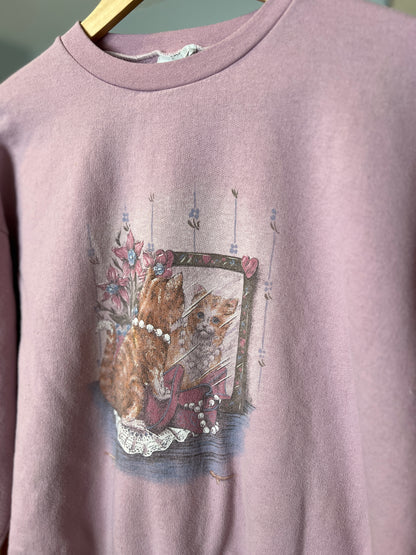 Vintage Pink Cat Sweatshirt | Made in Canada | Size Large | Pit 25” Length 23.5” | Good Condition | Playful & Unique