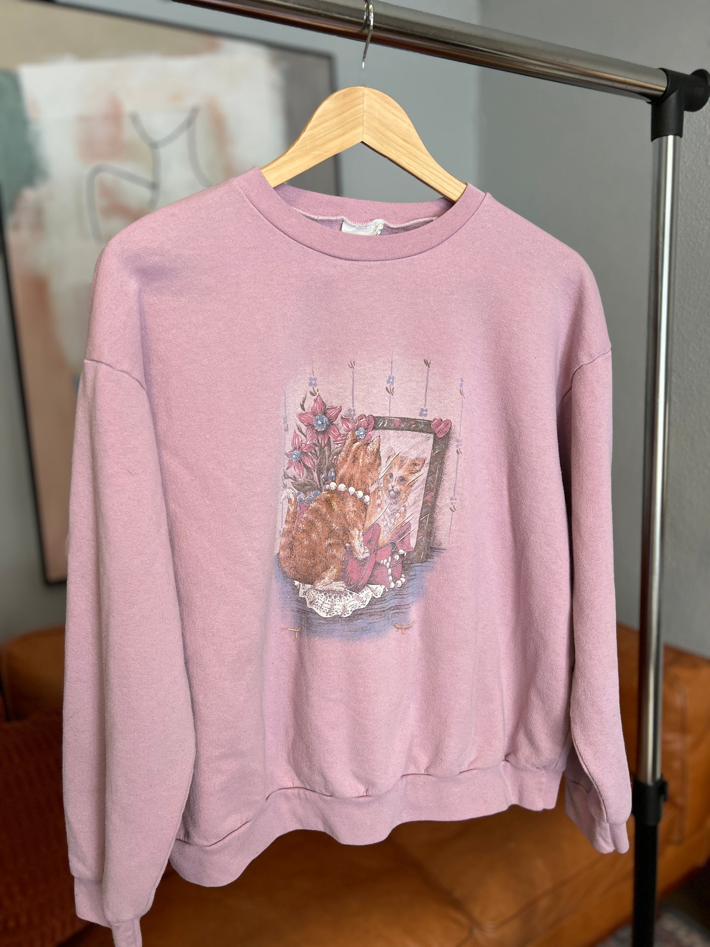 Vintage Pink Cat Sweatshirt | Made in Canada | Size Large | Pit 25” Length 23.5” | Good Condition | Playful & Unique