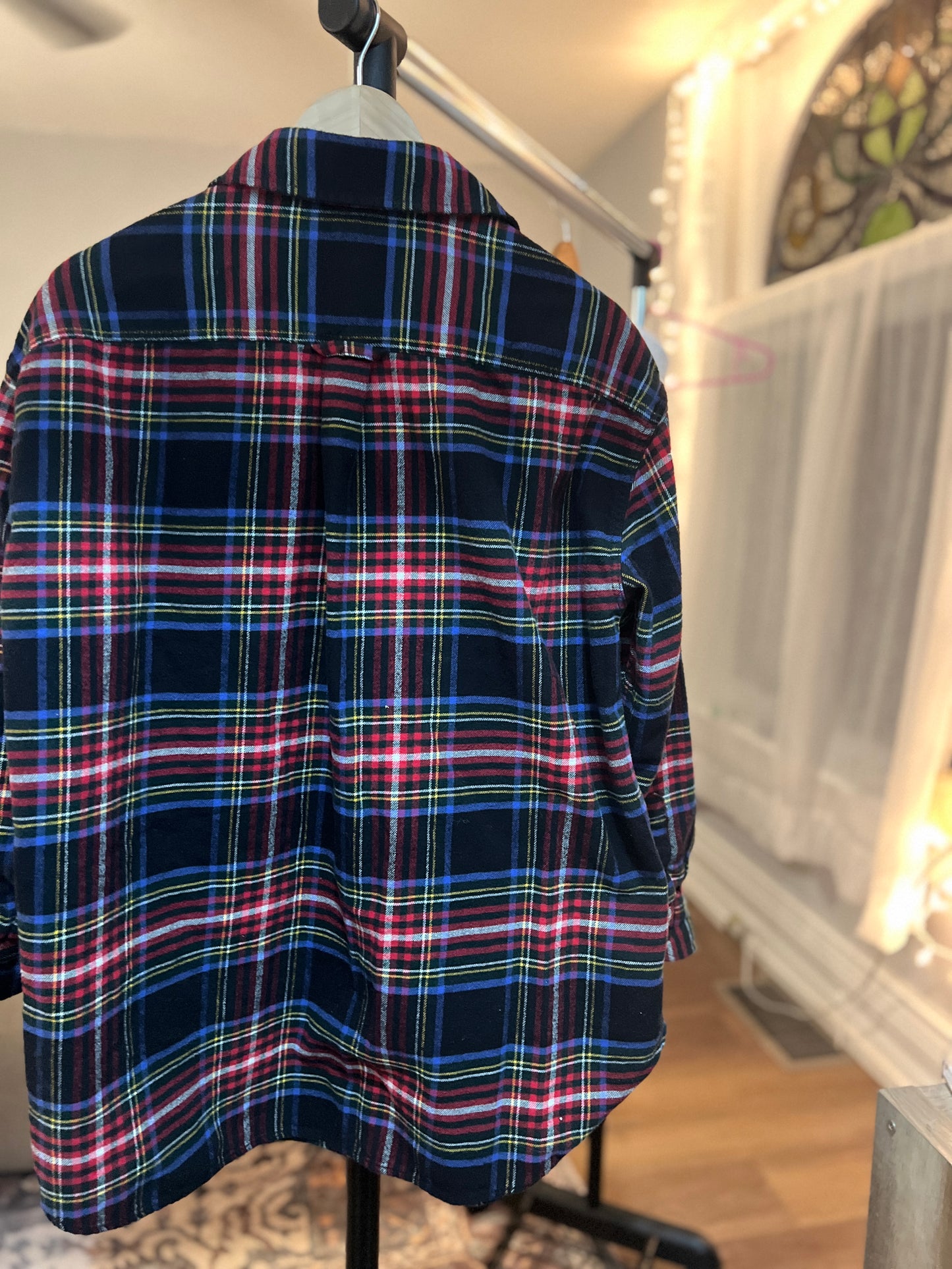 Size Medium Roots Plaid Flannel Shirt – Men’s | 100% Cotton | Red, Green, Black & Blue Plaid | Great Condition