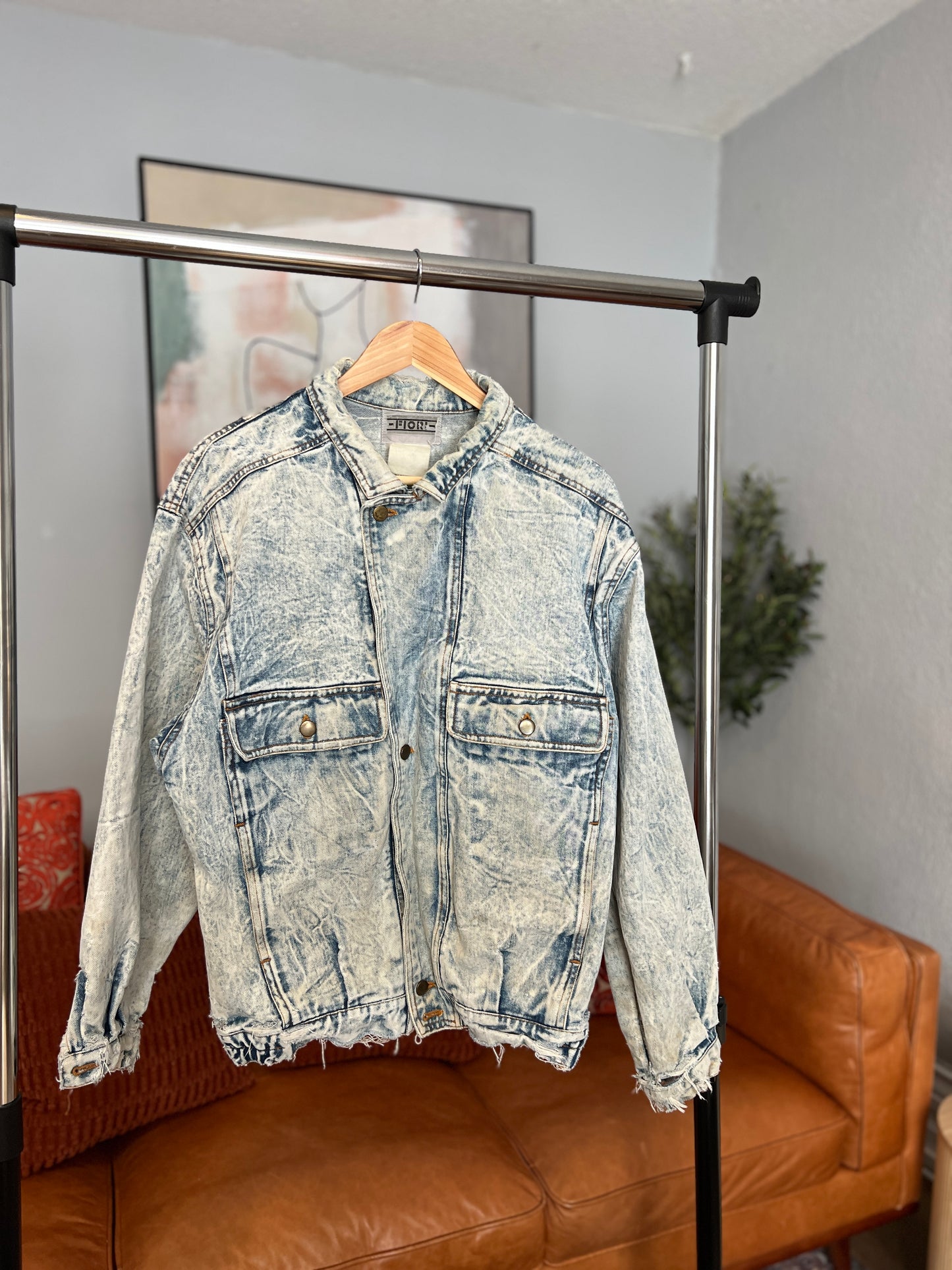 1980s Vintage Acid Wash Denim Jacket Title (200 characters): "1980s Vintage Acid Wash Denim Jacket | Heavy Distressed Denim | Size Large | Pit 24” Length 28.5” | Unisex | Retro 80s Style