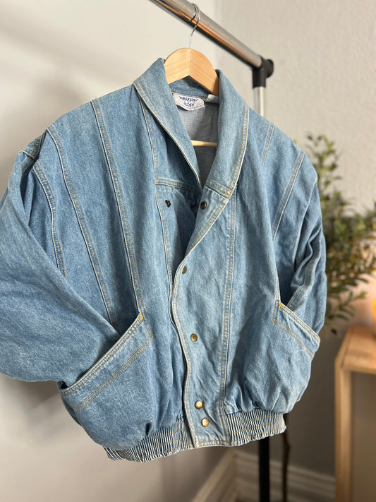 Vintage 80s Denim Bomber Jacket – Cross-Over Closure & Snap Buttons | Size Small-Medium (Fits Oversized) | Head Turner!