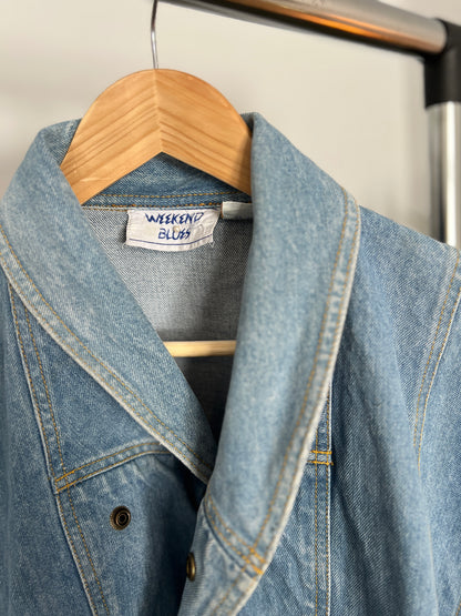 Vintage 80s Denim Bomber Jacket – Cross-Over Closure & Snap Buttons | Size Small-Medium (Fits Oversized) | Head Turner!