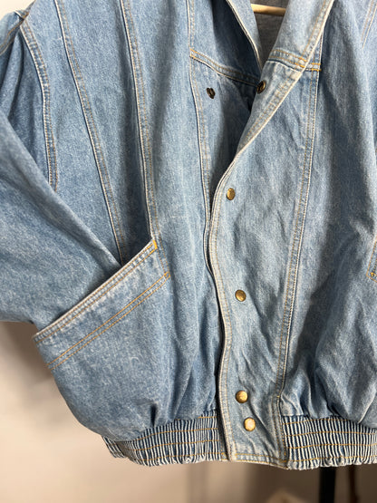 Vintage 80s Denim Bomber Jacket – Cross-Over Closure & Snap Buttons | Size Small-Medium (Fits Oversized) | Head Turner!