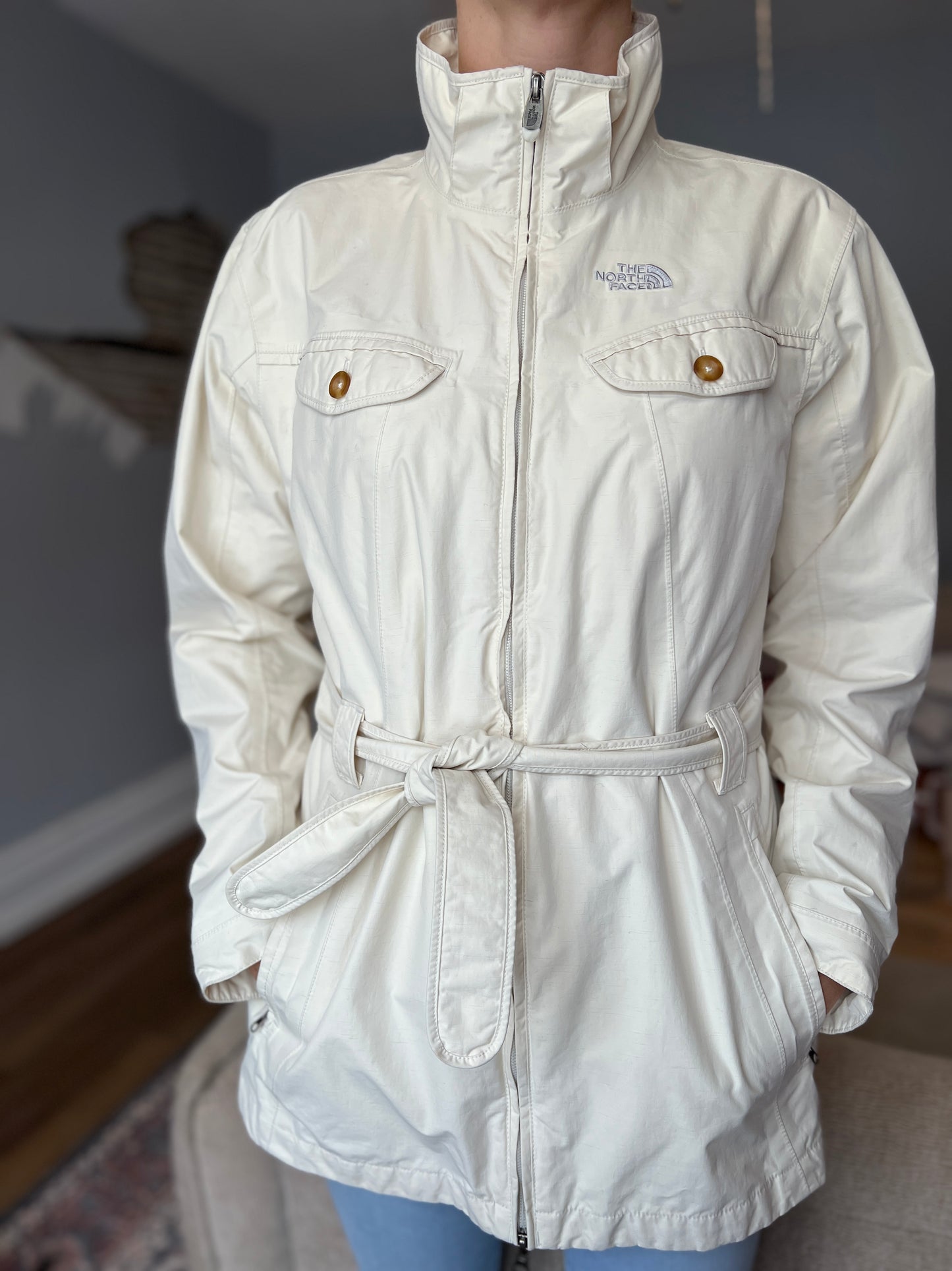 Size XL (Fits Like L) The North Face Rain Coat – Off-White | Trench Coat Style | Good Condition | Pit 18in, Length 21in